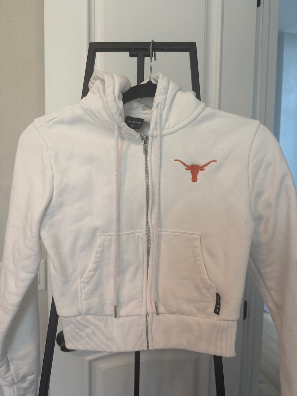White Zip Hoodie with Orange Longhorn Logo University of Texas